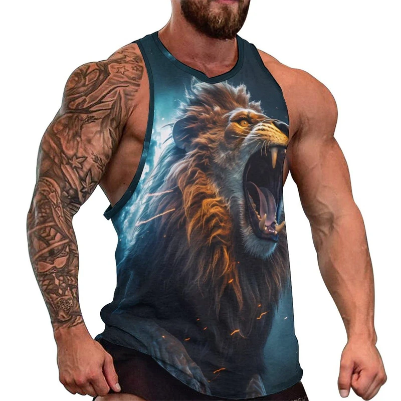 

New Lion Tiger 3D Print Men's Tank Tops Harajuku Animal Wolf Pattern Summer Fitness Bodybuilding Gym Muscle Sleeveless Shirts