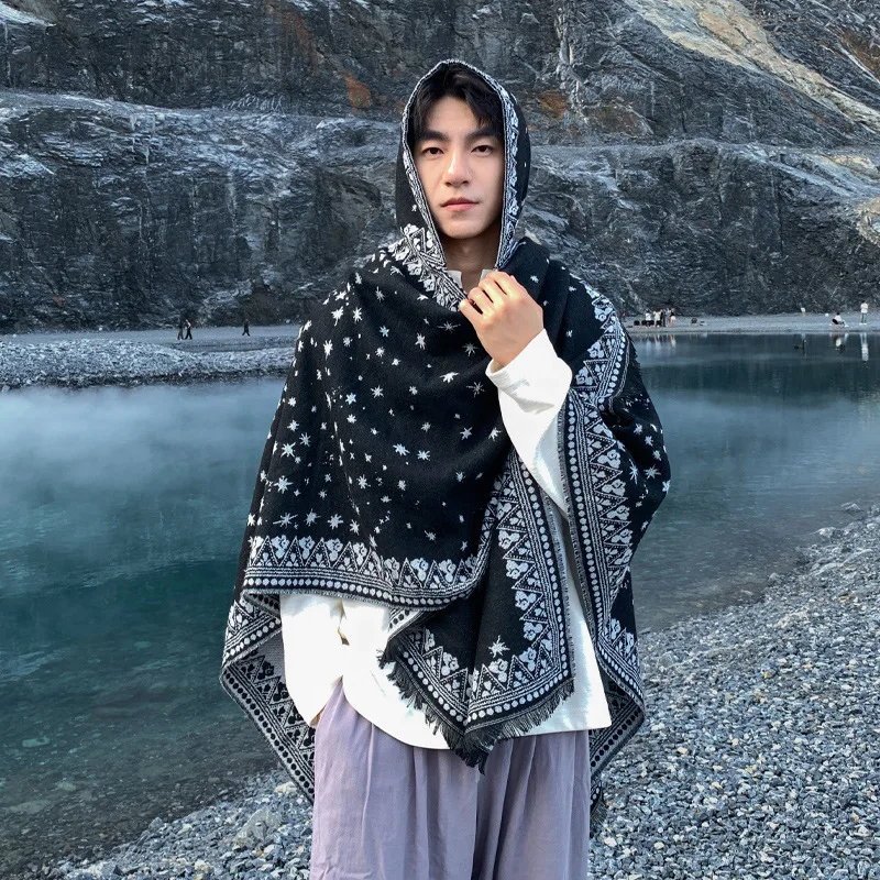 

Man Vintage ethnic style Pocho starry sky Cape autumn and winter warm imitation cashmere travel with hat cloak outer wear