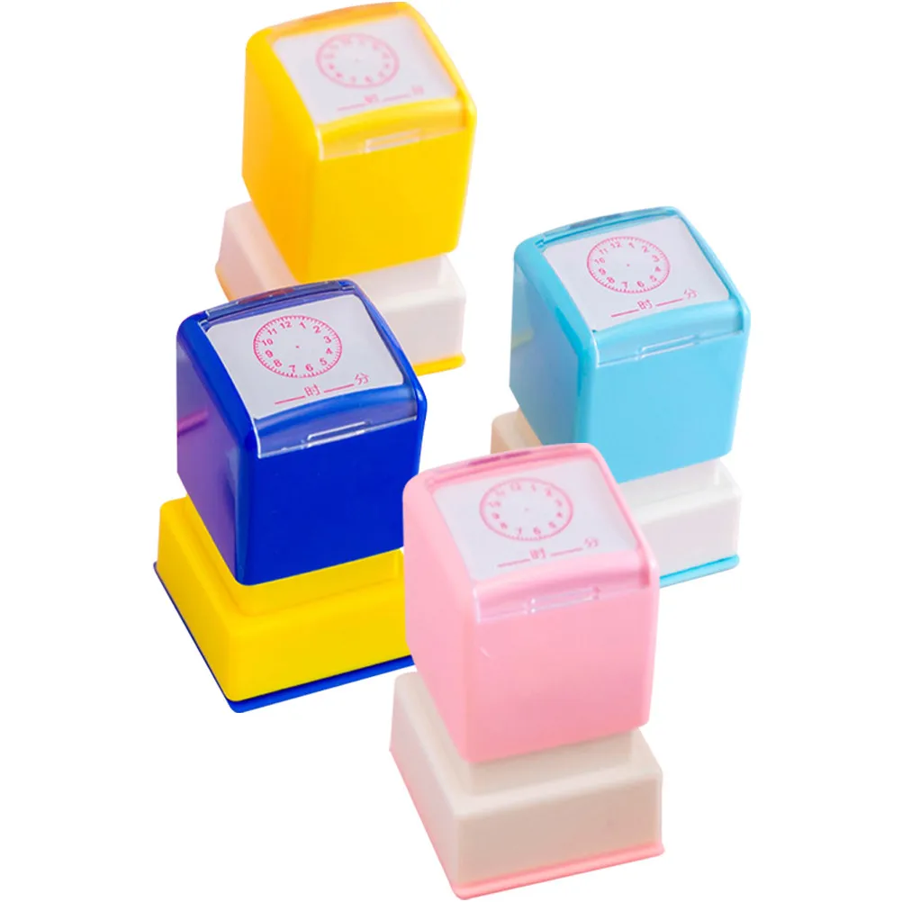 4Pcs Kids Clock Stamps Self-Ink Time Learning Stampers for Teaching Analog Digital Clock Recognition Creative Expression Writing
