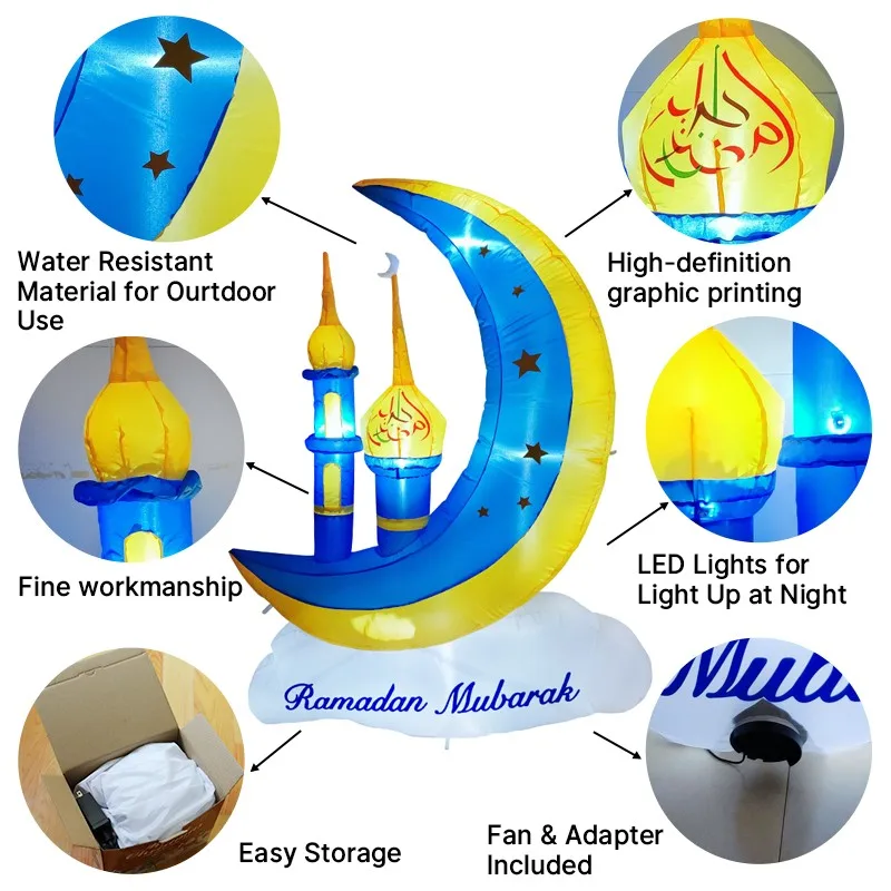 Ramadán musulmán/sslamico, juguetes inflables de 1,5 M/5 pies, luces LED de Castillo de Luna azul y amarillo, decoraciones Eid Mubarak para celebrar el enganchar