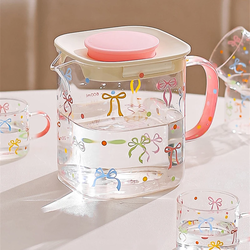 

Glass Cold Water Kettle Cup Gift Box Set Color Bowknot Decal Water Bottle Scented Tea Juice Pot Drinkingware Teapot Teacup