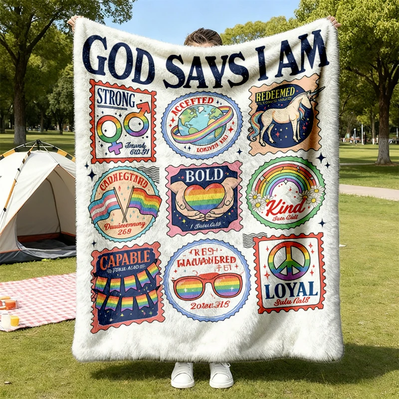 God Says I Am Pride Stamps Flannel Blanket, LGBT Rainbow Flannel Throw, Queer Christian Cozy Blanket, Pride Month