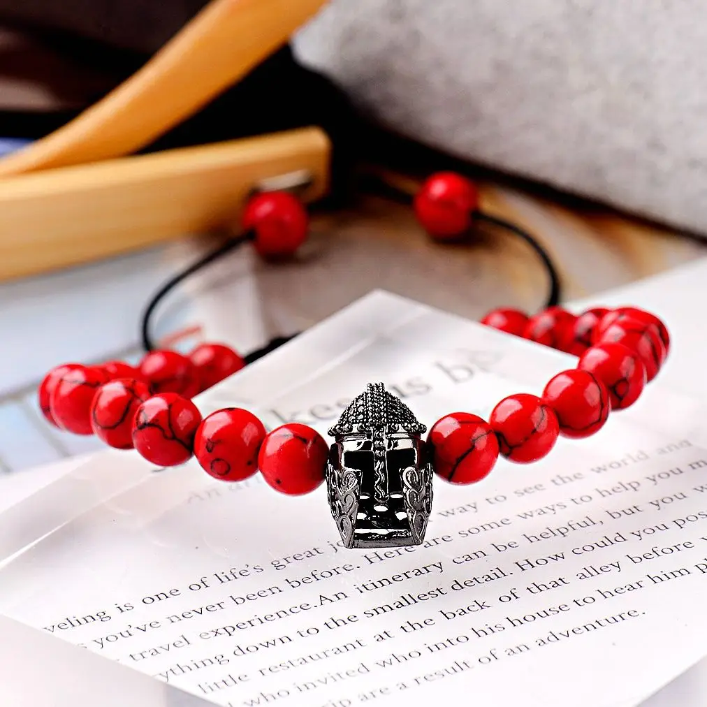 Classics Warrior Gladiator Helmet Bracelet Men Nature Stone Red Turquoises Stone Adjustable Bracelet Tough Guy Accessories