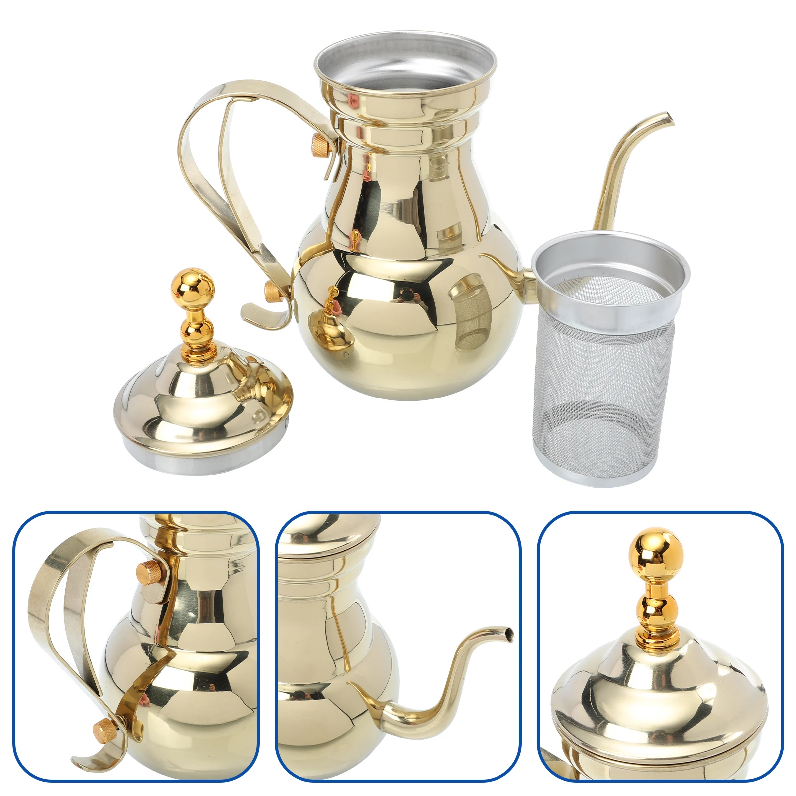 

Stainless Steel Teapot Coffee Kettle Long Spout Filter Pot Kitchen Oil Stove Top Anti Rust Practical Decorative
