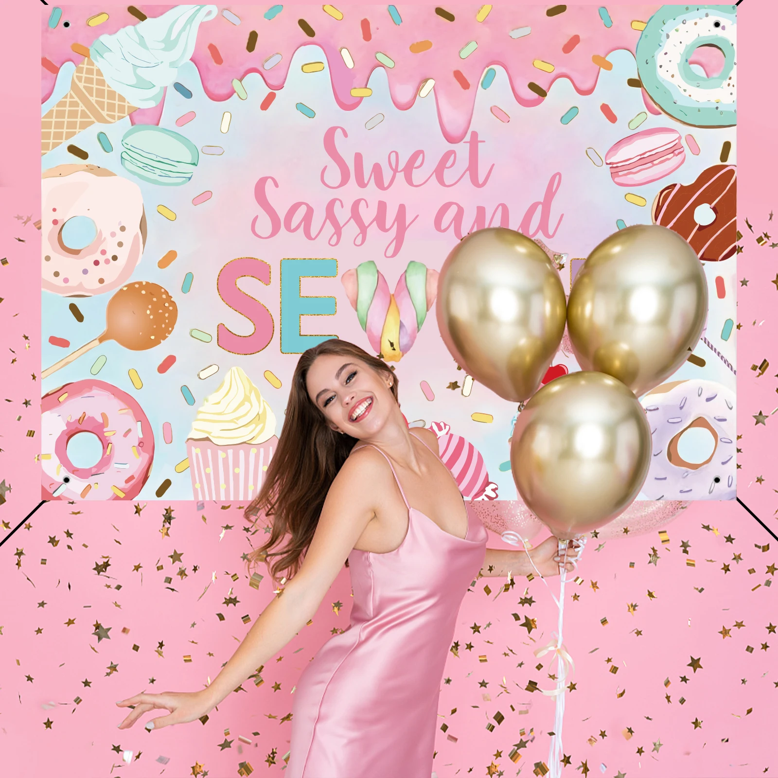 لافتة وردية خلفية لزينة حفلات أعياد الميلاد ، ساسي حلو ، دونات 7 ، دونات 7