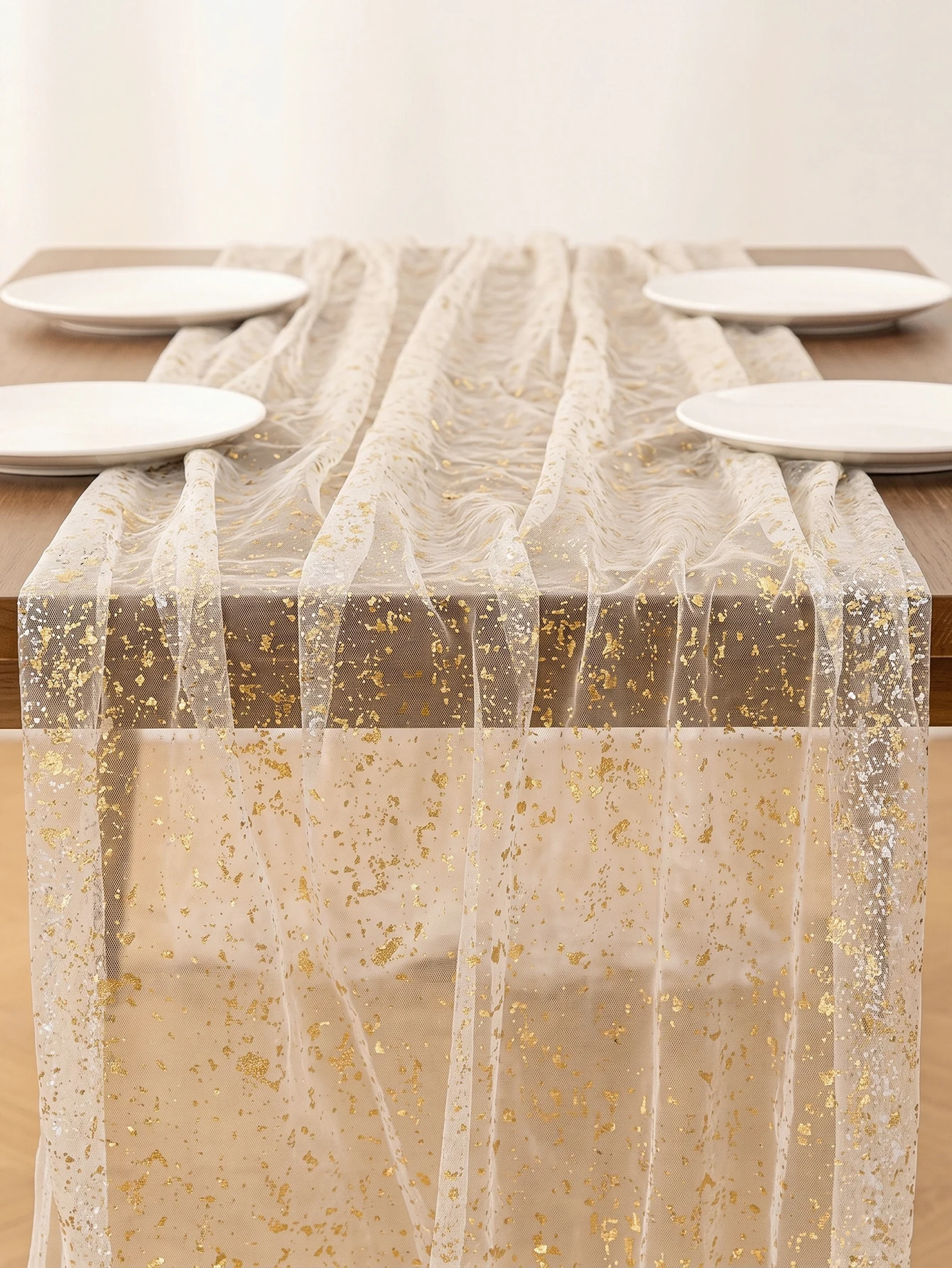 1 Pcs Tulle Table Runner with Gold Foil Champagne Gauze Table Runner, Seasonal Sheer Dining Holiday Wedding Birthday Table Decor