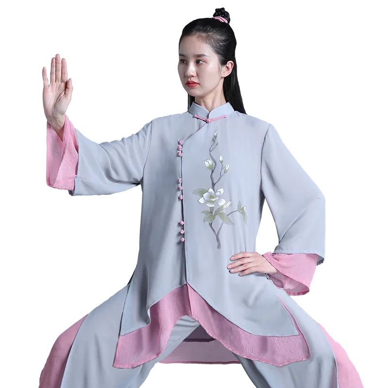 Tai Chi Clothes Women Wushu Clothes Kung Fu Competition Clothes Martial Art Uniform Wrinkle Free Hand Painted 2024 Gray