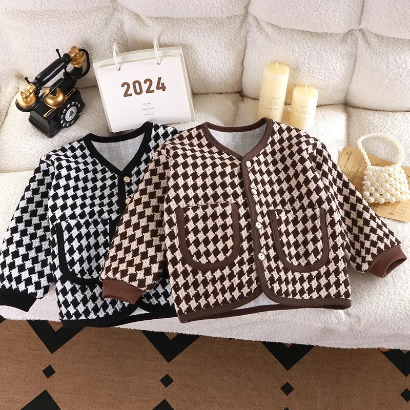

Children's Thousand Bird Grid Coat 18M-11Y Girls' Spring and Autumn Small Fragrant Style Top Western Versatile Cardigan Clothes