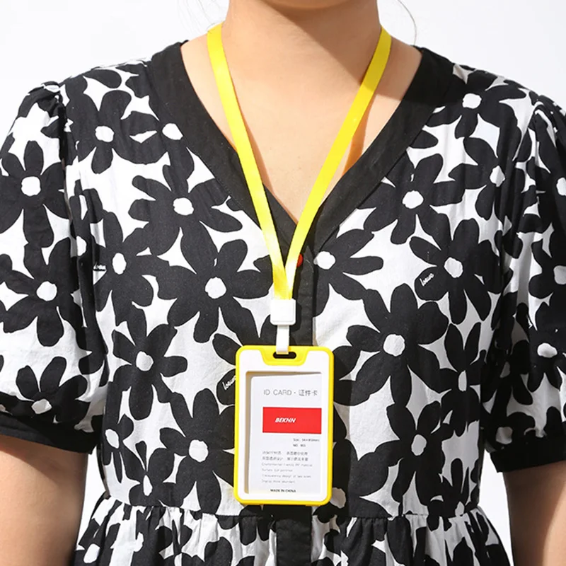 Double Side Employee Work Card Holder Transparent Desktop Bussiness Card Storage Cover With Hanging Rope Office Supplies