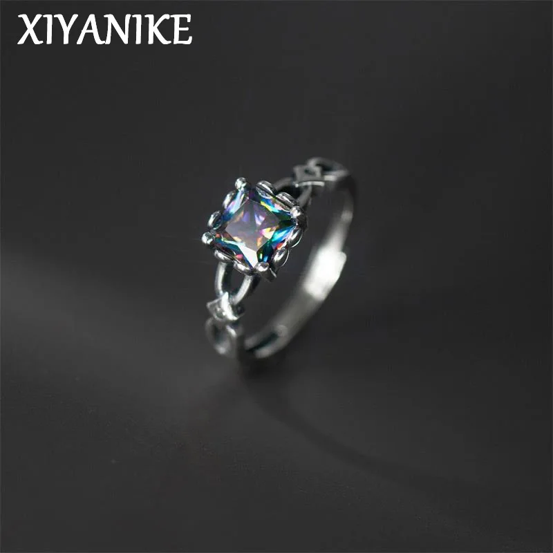 XIYANIKE, anillos de dedo con puño abierto de circonita cuadrada de plata tailandesa Vintage para mujer y niña, nueva joyería de moda, regalo para fiesta, cuelloьц® ж