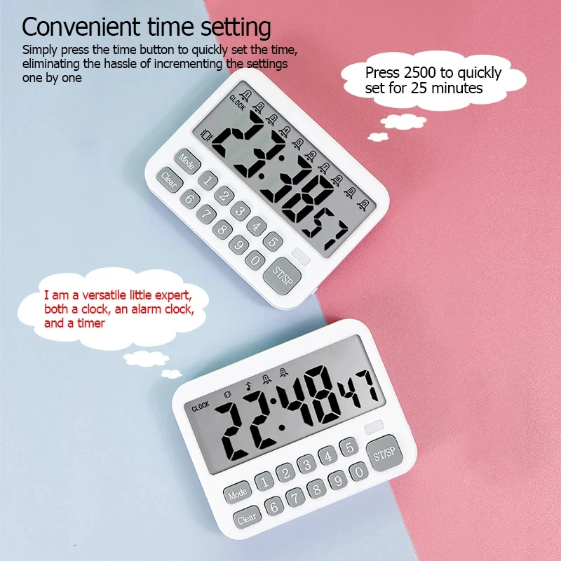 Digital Kitchen Timer 24H Clock 10-Alarms Clocks 99 Hours Countdown Mute/Vibration Magnetic Alarm Clock Table Timers for Cooking