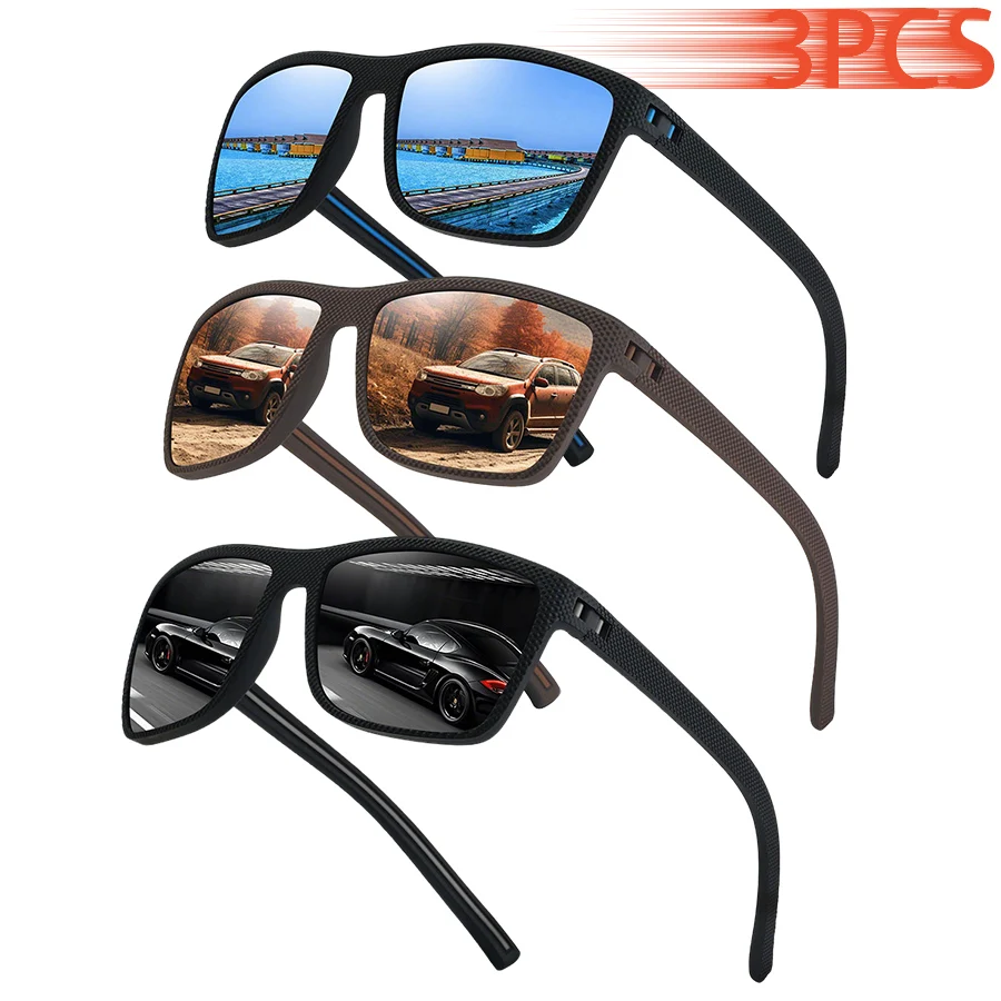 3PCS Square Elegant Sunglasses Classic Brand Designer Check Stripes Eyewear for Travel Summer Beach Driving Fishing Vacation