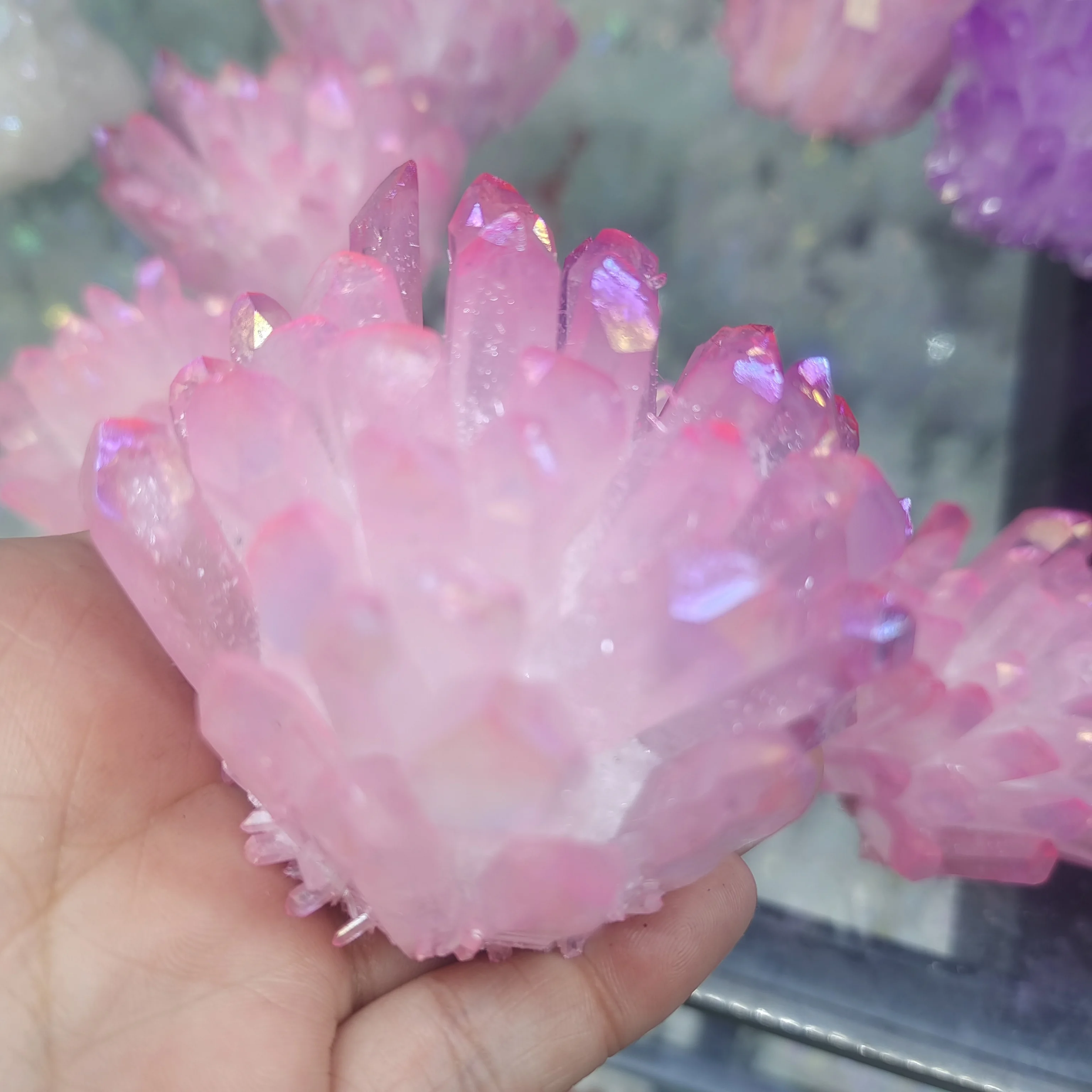 

Rare Beautiful Rose Pink Aura Flame Quartz Crystal Cluster Specimen Home Office Aquarium Decoration Gift