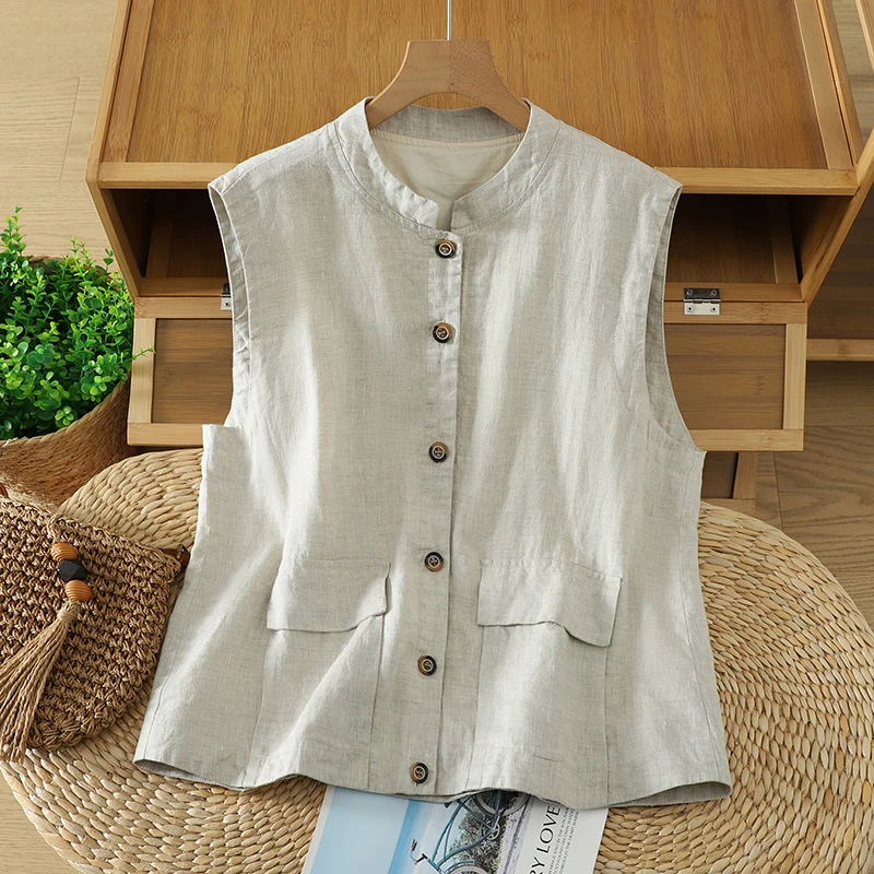 Cotton and Linen Collar Vest Women's Spring and Summer New Fashion Elegant Retro Tooling Style Loose Casual Outer Wearing Vest