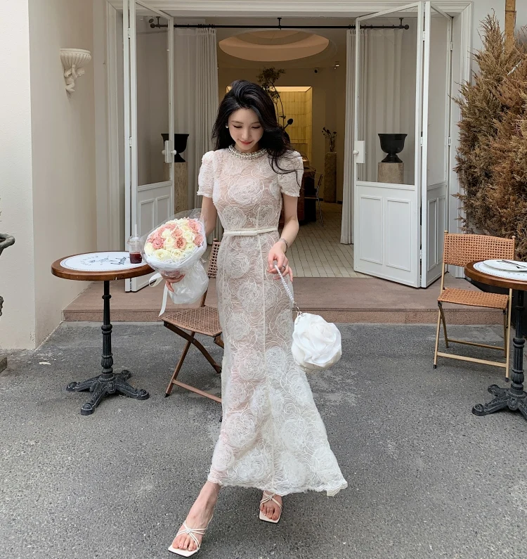 Vestidos largos formales de cristal con cuello de cadena de perlas de lujo para mujer, Vestidos de encaje de verano con cola de pez, Vestidos de sirena bordados para fiesta