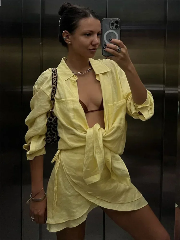 Casual 2 Piece-Set Summer Female Cover up And Ruffled Mini Skirt Lace-Up Beach Holiday See-Through Loose Women's Outfits