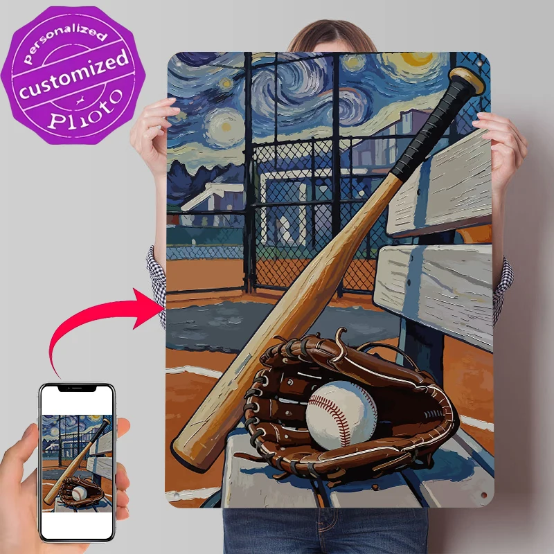 Baseball Bat and Glove Under Starry Sky Metal Poster Customized Wall Art Retro Vintage Metal Signs for Man Cave Home Decor Room