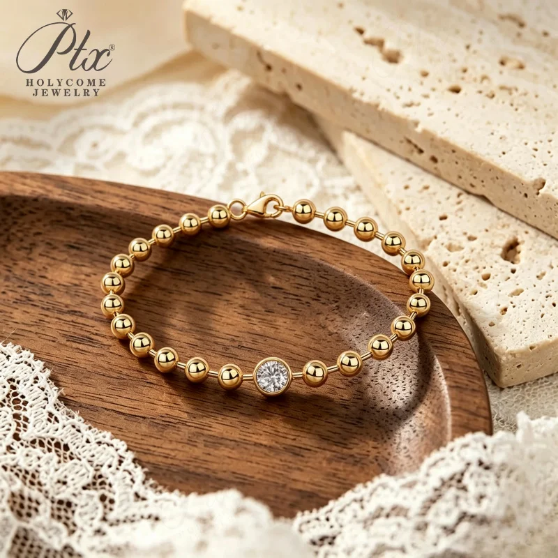 Moissanit-Armband, 925er Sterlingsilber, goldfarbene Perlenkette, 21 cm, elegantes Geschenk zum Geburtstag oder zum Jahrestag, feiner Schmuck von Holycome. – Detail 6