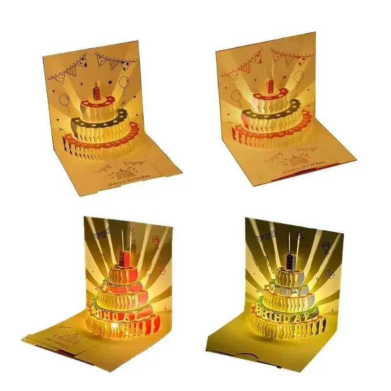 3D Light Music Birthday Card Pop Up Cake Creative Greeting Card Happy Birthday Party Gift Message Cards