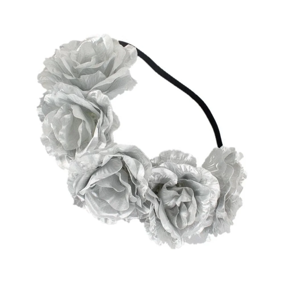 

Повязка для волос с серебряной розой, пляжный головной убор, цветочный декор для волос, праздничный венок, обруч для волос, головной убор для женщин