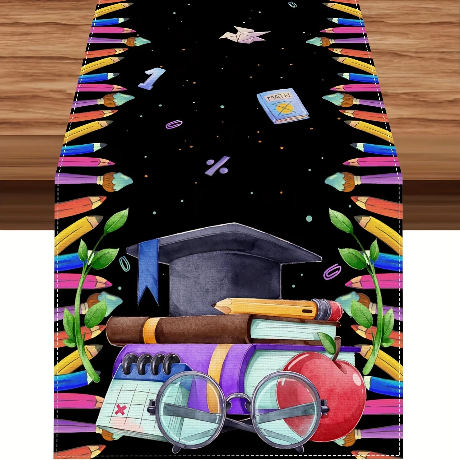 1pc Table Runner Teacher Appreciation Week Design Educational Motif With Graduation Cap & Glasses Home Kitchen Dining Room