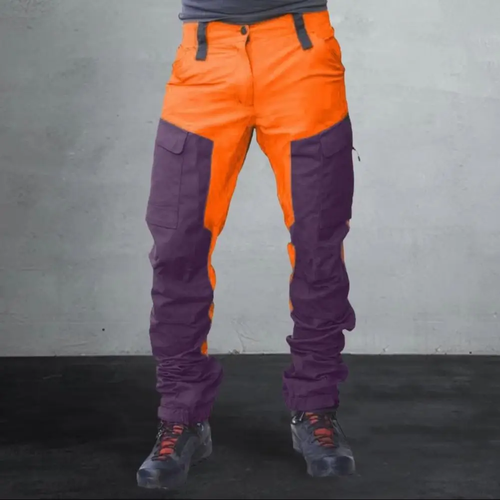 

Men Outdoor Cargo Pants Multi Pockets Colorblock Wear resistant Button Zipper Closure Slim Fit Work Trousers Travel Camping Moun
