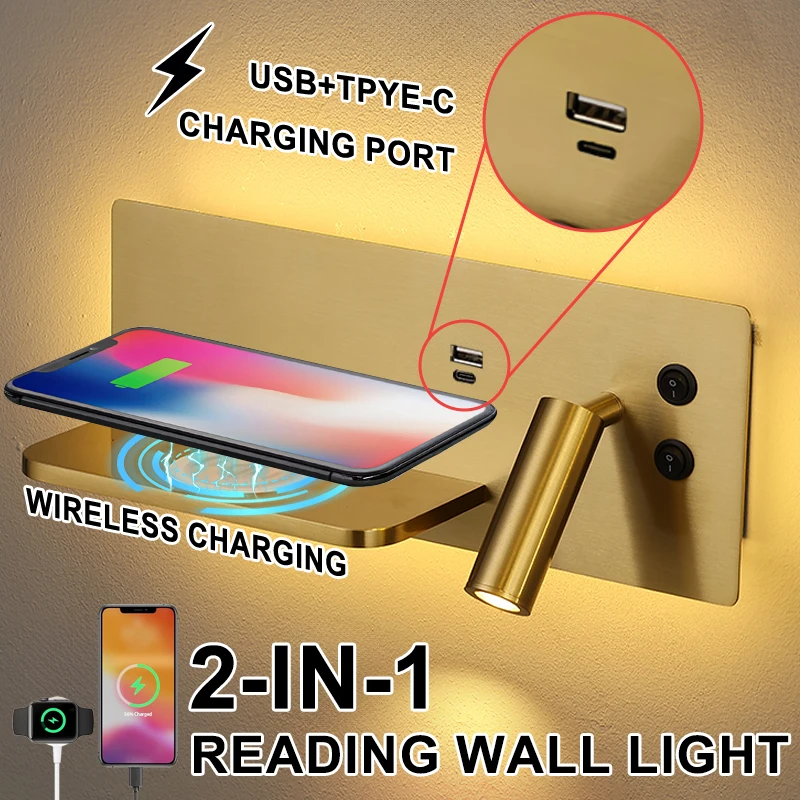 Imagem -02 - Led Leitura Parede Luz Carregador sem Fio Placa Tomada Usb Interruptor Duplo Luminárias Led Ouro Casa Hotel Quarto