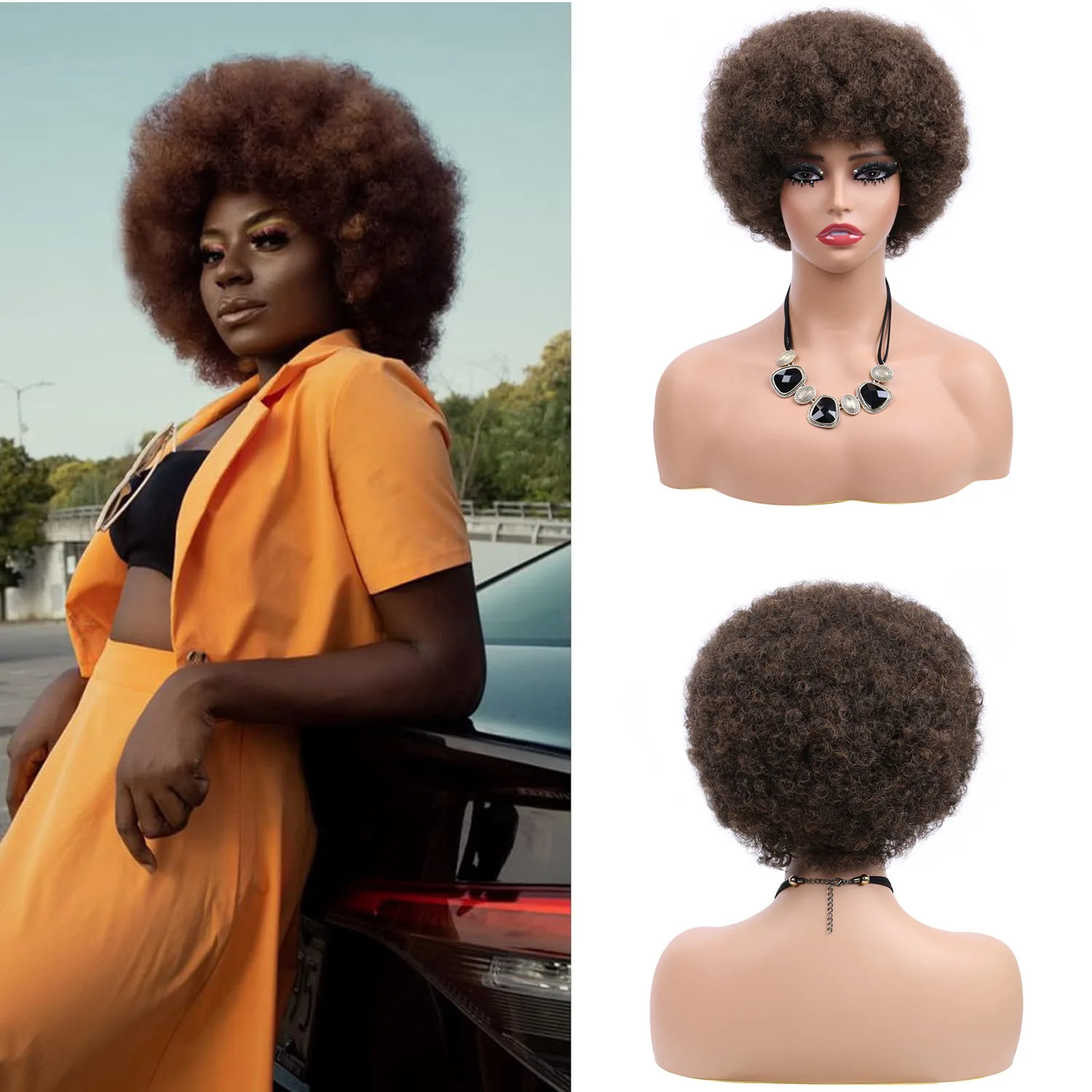 

Natural Brown Black Afro Kinky Curly Wig With Bangs Short Fluffy Hair Wigs For Black Women Synthetic Ombre Glueless Cosplay