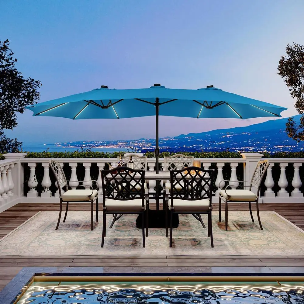 Sombrilla de Patio para Exteriores de 15 pies con Base Desmontable y Luces, Brillante y Grande para Jardín, Piscina, Terraza