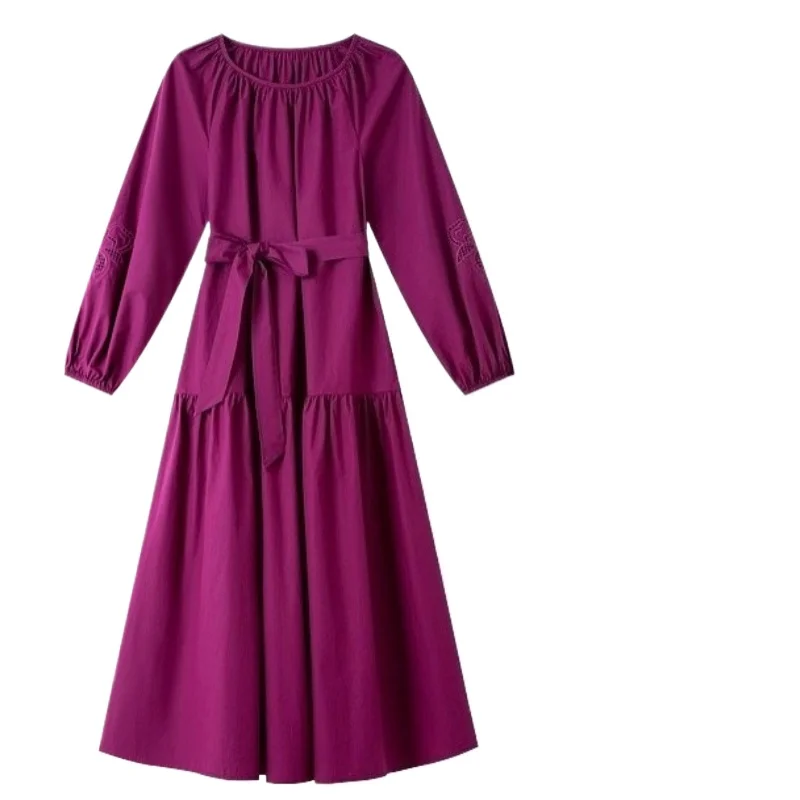 VIMLY Long Dresses 2025 Woman Autumn Elegant Party Pure Cotton Embroidered Hollow Out Dresses Round Neck A-line Lady Dress A2013