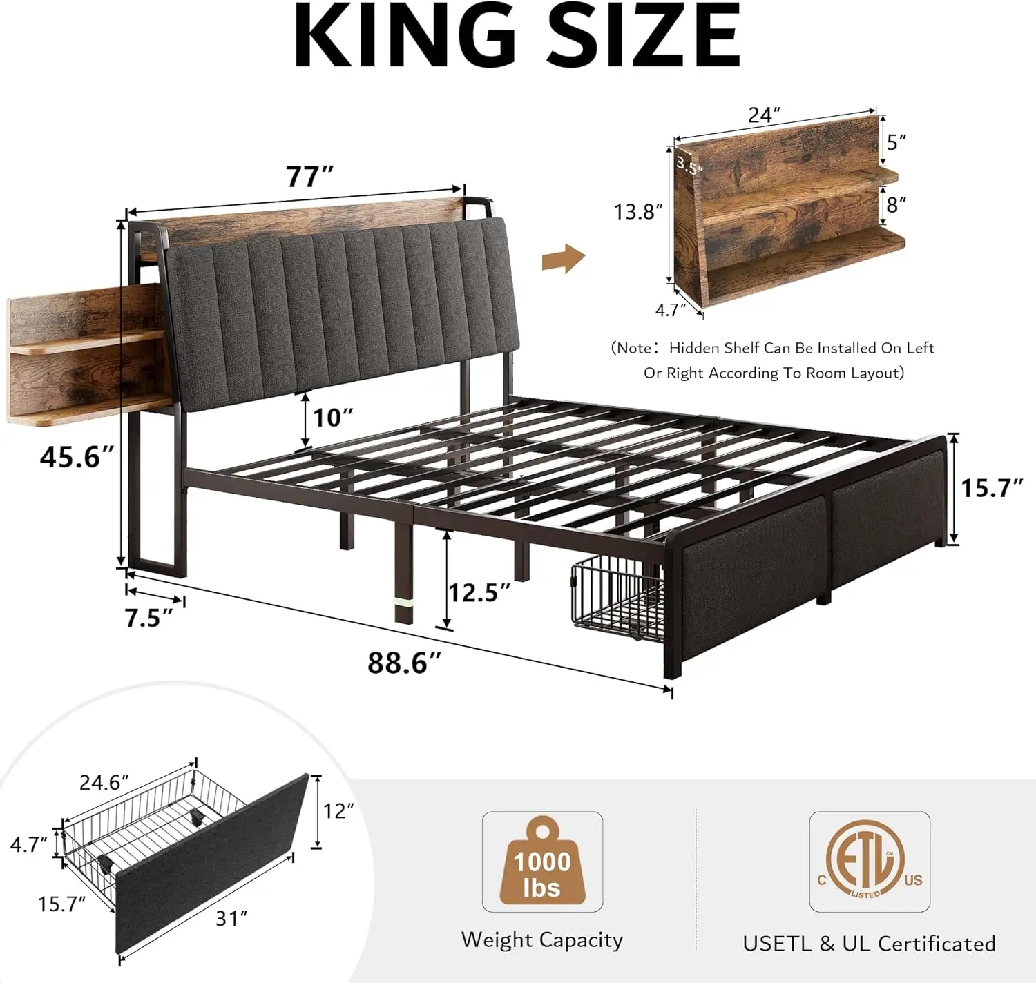 Ipormis King Size Bed Frame With 1 Hidden Drawer And 2 Drawers, Metal Heavy Duty Bed Frame With Upholstered Headboard And