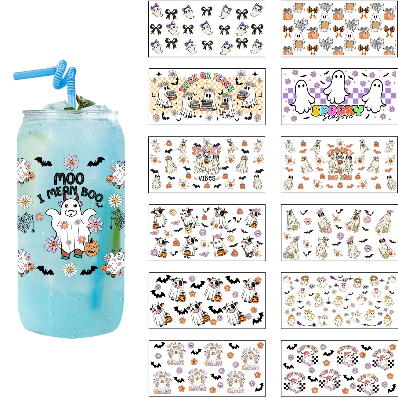 Cute Spooky Ghost Designs Collection UV DTF 3D Sticker for 16oz Libbey Cup Flying Ghost Decal DIY Transfer Sticker Cup Wraps