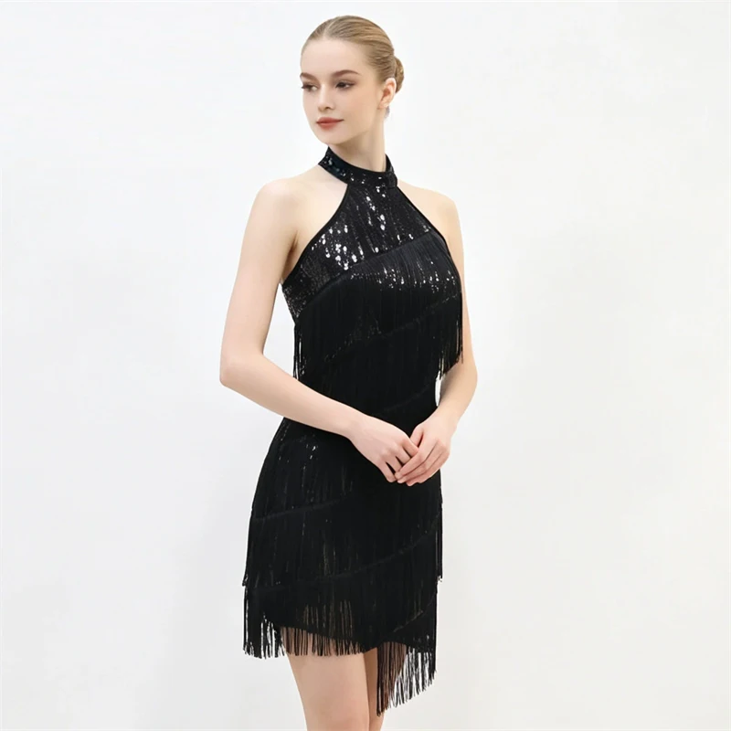 Damen Latein Tanzkleid Pailletten Fransen Neckholder Rückenfreies Tanzkostüm Glänzendes Samba Tango Cha Cha Performance Partykleid 2026 – Detail 2