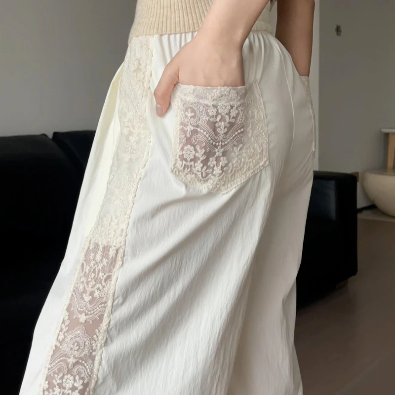 American Retro Lace Design Stitching Pants Female 2025 Summer High Street Straight Loose Wide Leg Drop Casual Pants
