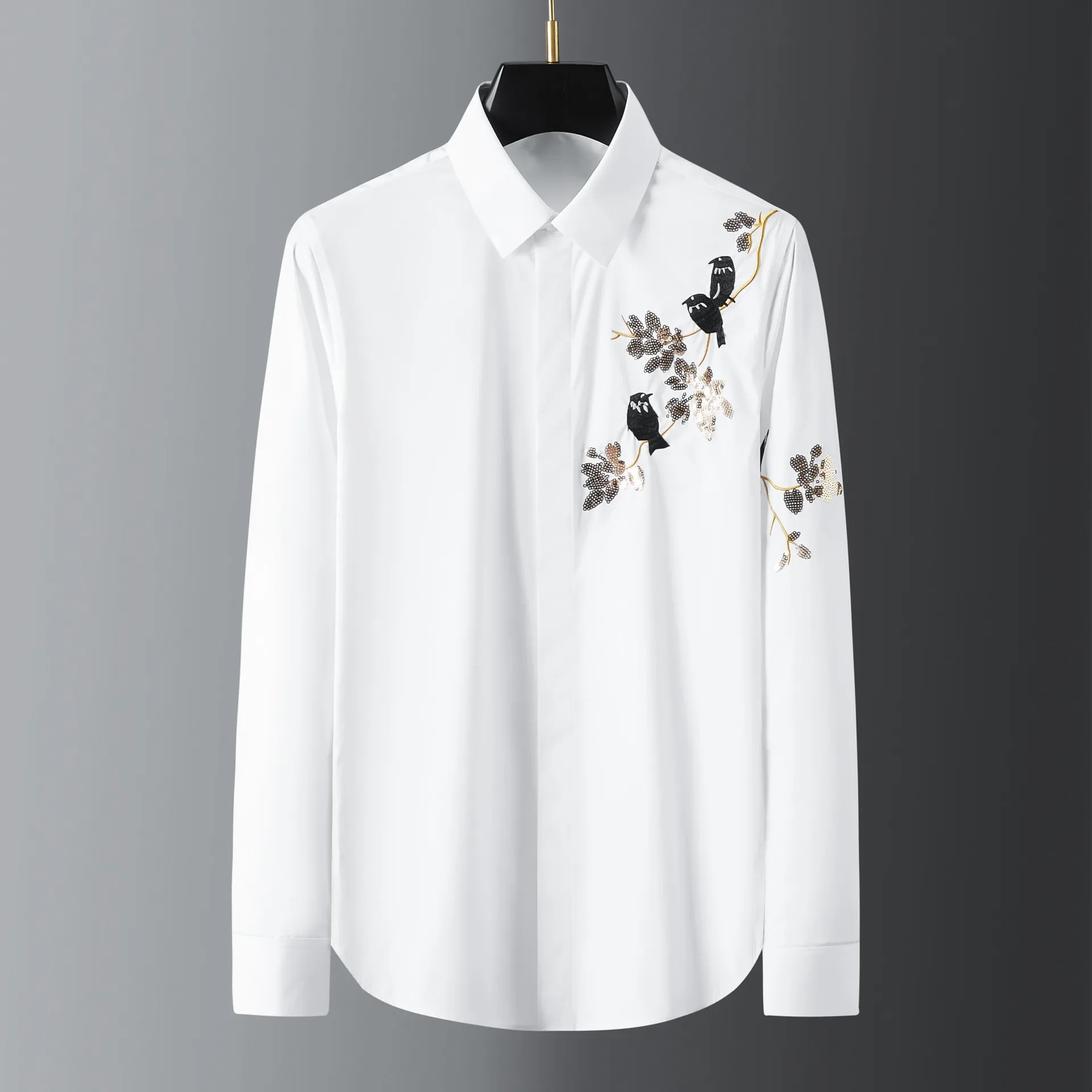 

Heavy craftsmanship gold bead flower embroidered bird trend men's long sleeved shirt hot selling item