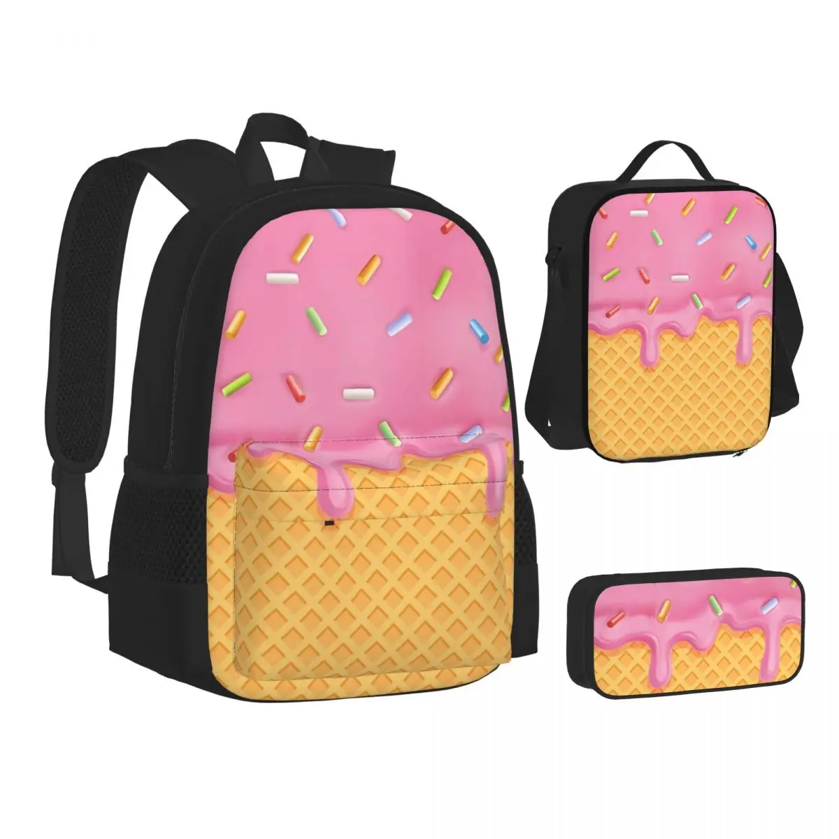 Strawberry Ice Cream Backpacks Boys Girls Bookbag School Bags Kids Rucksack Lunch Bag Pen Bag Three-Piece Set