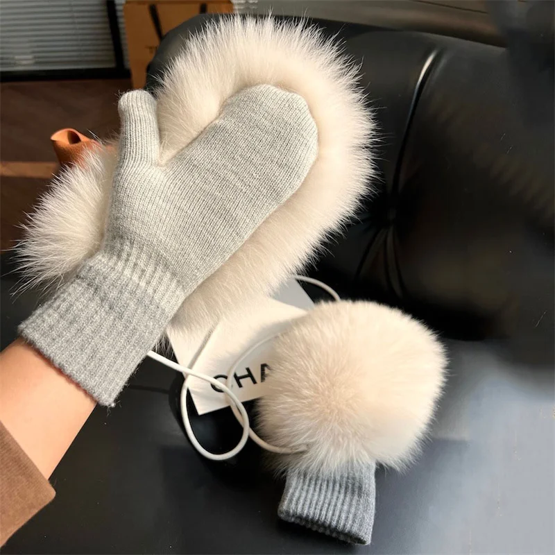 

Women's Fox Fur Gloves Handbag Neck Gloves Women's Finger Driving Gloves Winter Warm Plush Thick Bicycle Gloves