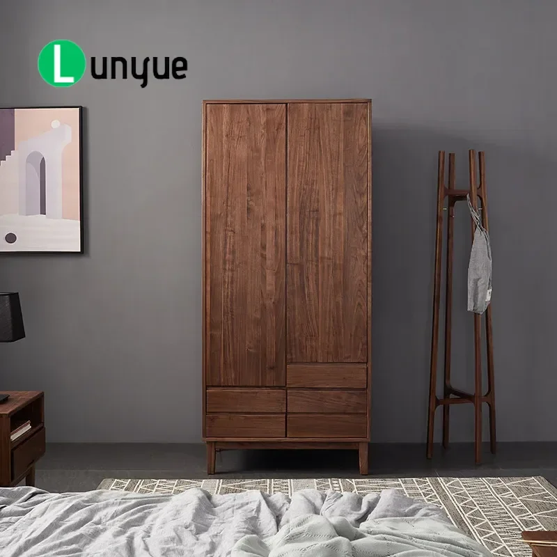 Nordic Solid Wood Wardrobe Modern Simple 2 Door Storage Cabinet North American Grade Black Walnut Household Furniture