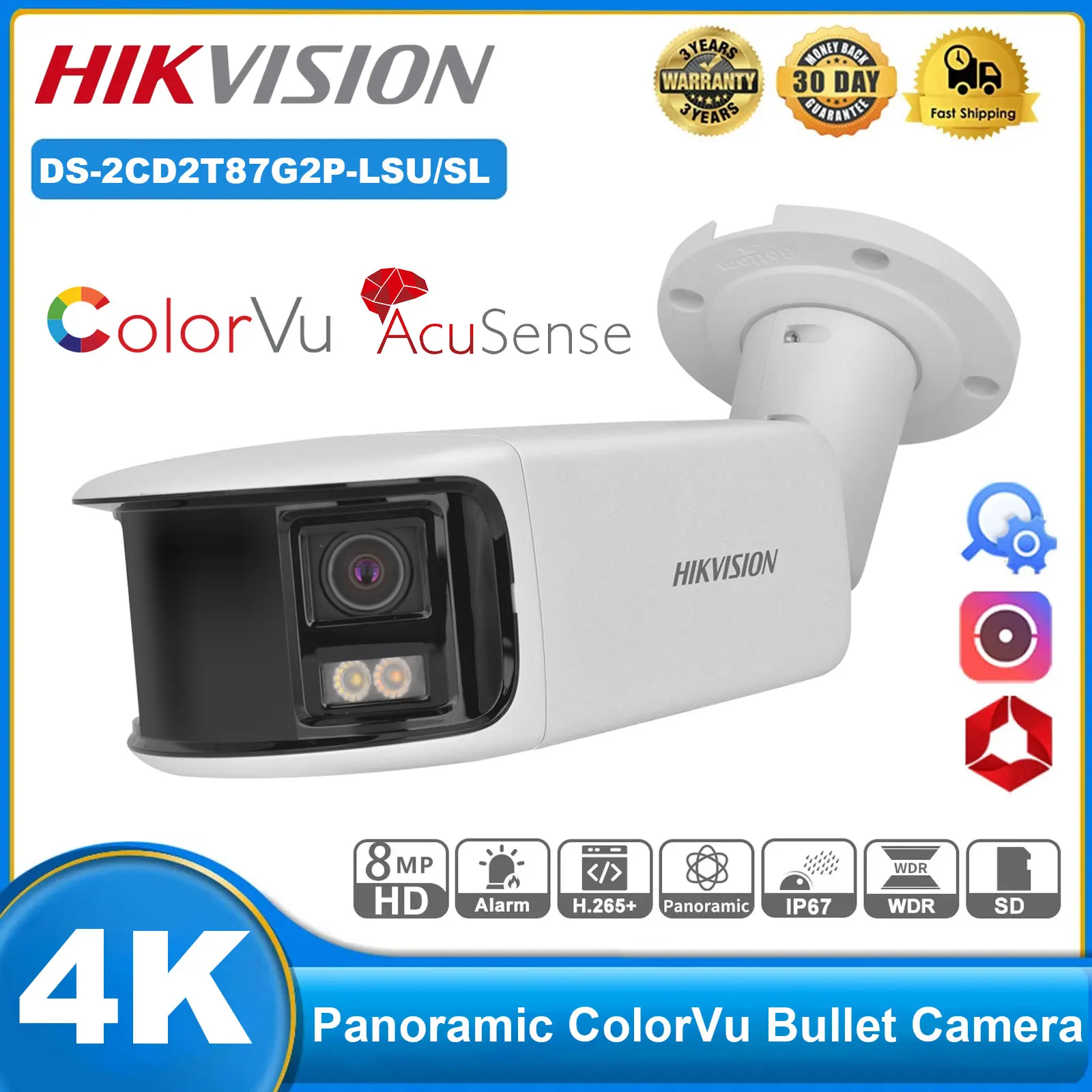 Hikvision DS-2CD2T87G2P-LSU/SL 8MP PoE IP Camera 4K Panoramic ColorVu AcuSense Camera with Active Strobe Light Two-way Audio