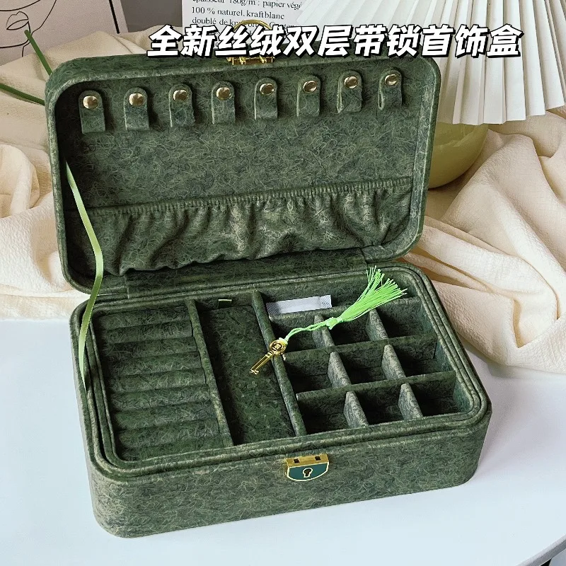 New velour double-layer jewelry box with lock, jewelry necklace bracelet jewelry storage anti-oxidation and anti-loss key