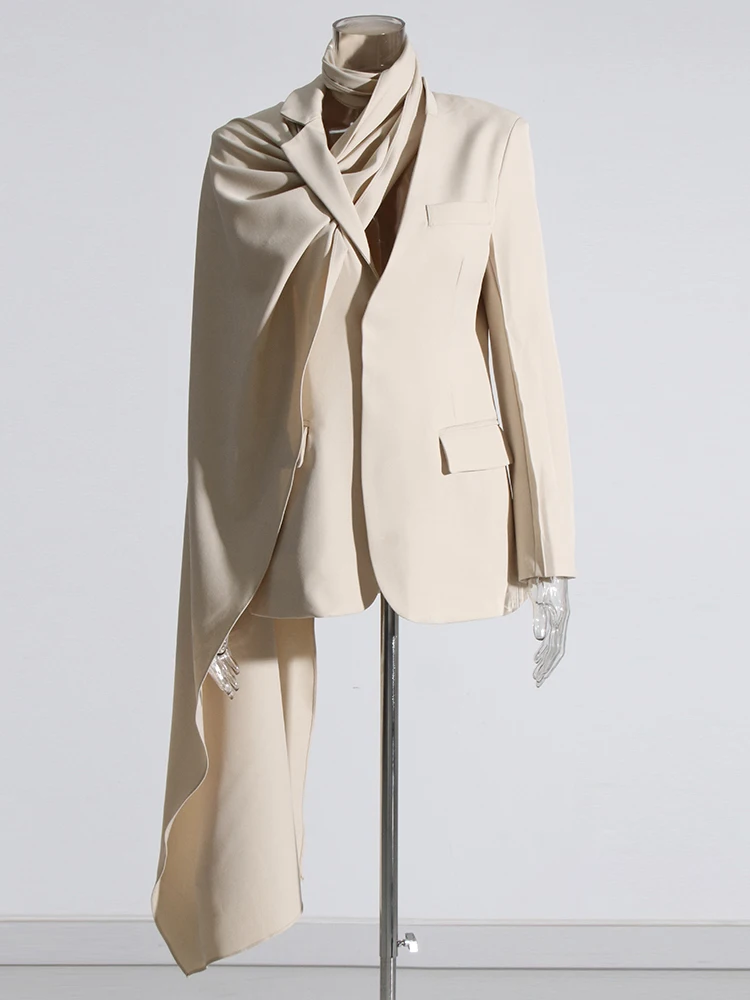 Blazer wanita, Blazer elegan asimetris, lengan panjang, kerah berlekuk, kancing tunggal, Blazer temperamen wanita