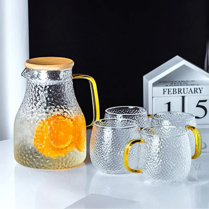 Transparent Glass Water Jug Hot/Cold Tea Pot Stainless Steel Flow Lid Carafe with Handle Heatproof Teapot Set 2