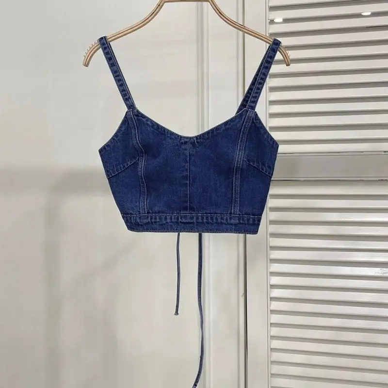 Y2k Denim Camis Frauen Sexy Bandage Crop Tops Zarte Hotsweet Sommer Einfache Mode Ärmellose Mädchen Ulzzang Alle-spiel Kleidung