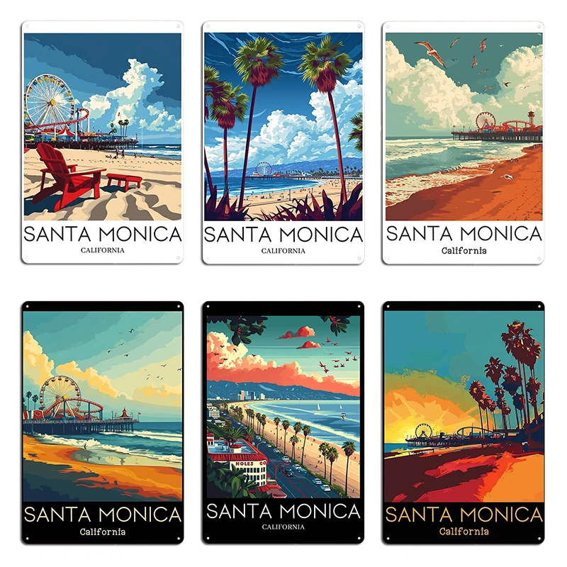 Póster de placa de Metal de Santa Mónica de California, cartel para el salón, diseño de fiesta y Club, cartel de estaño de Santa Mónica