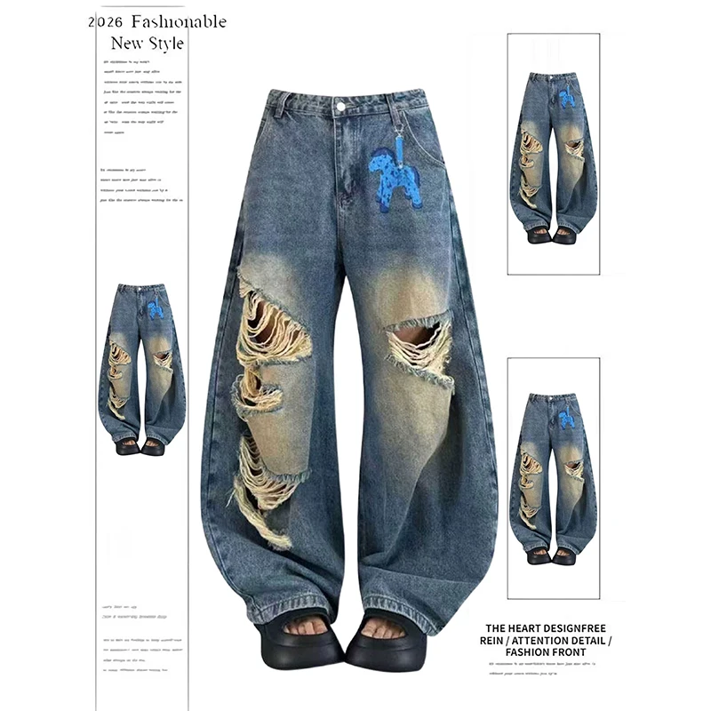 

YIBASHU Women Blue Gothic Y2k Ripped Wide Jeans American Style Vintage Oversize Print Jean Pants Harajuku Baggy Denim Trousers