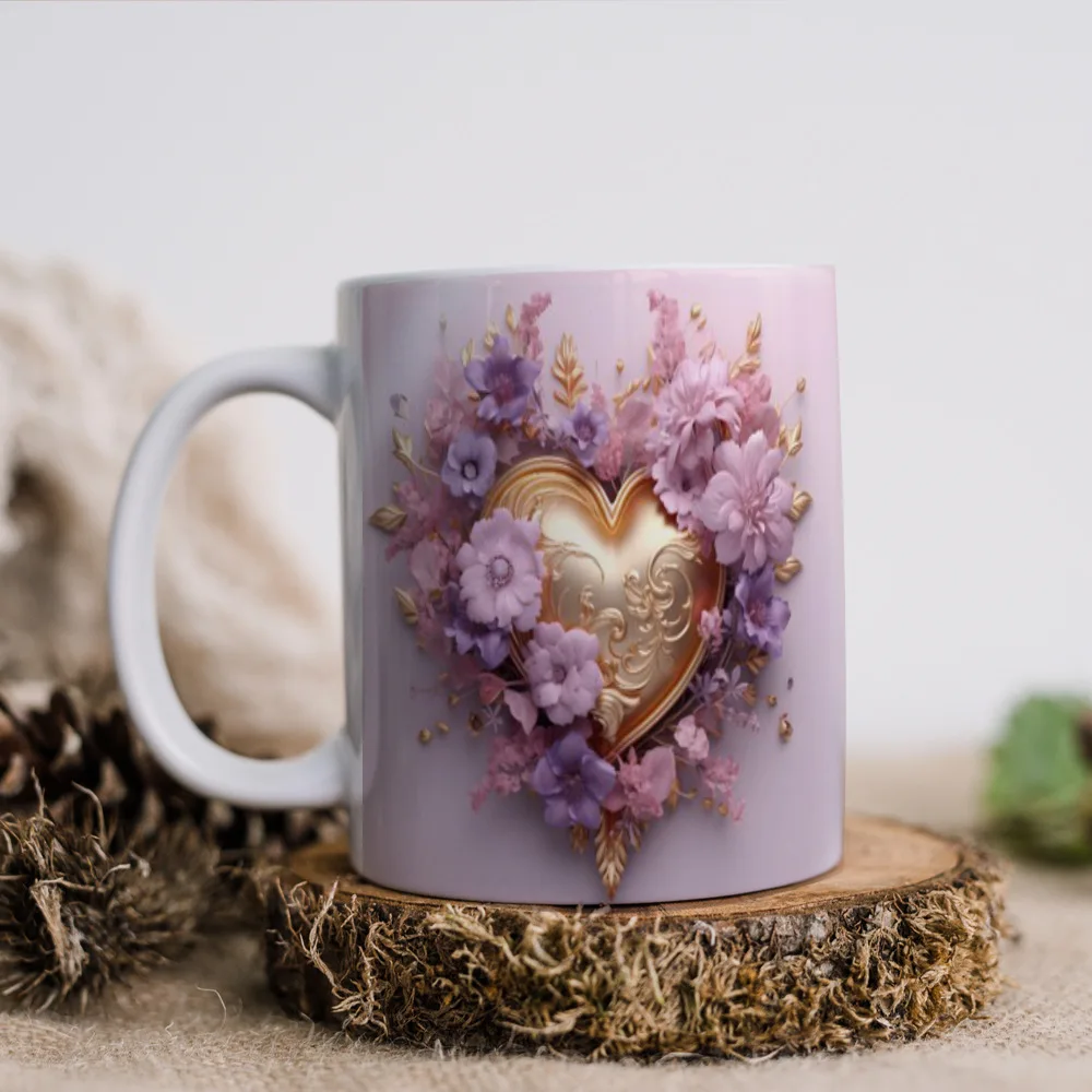 New products in November, Valentine's Day theme, pink heart pattern, couple gift water cup, ceramic coffee mug.