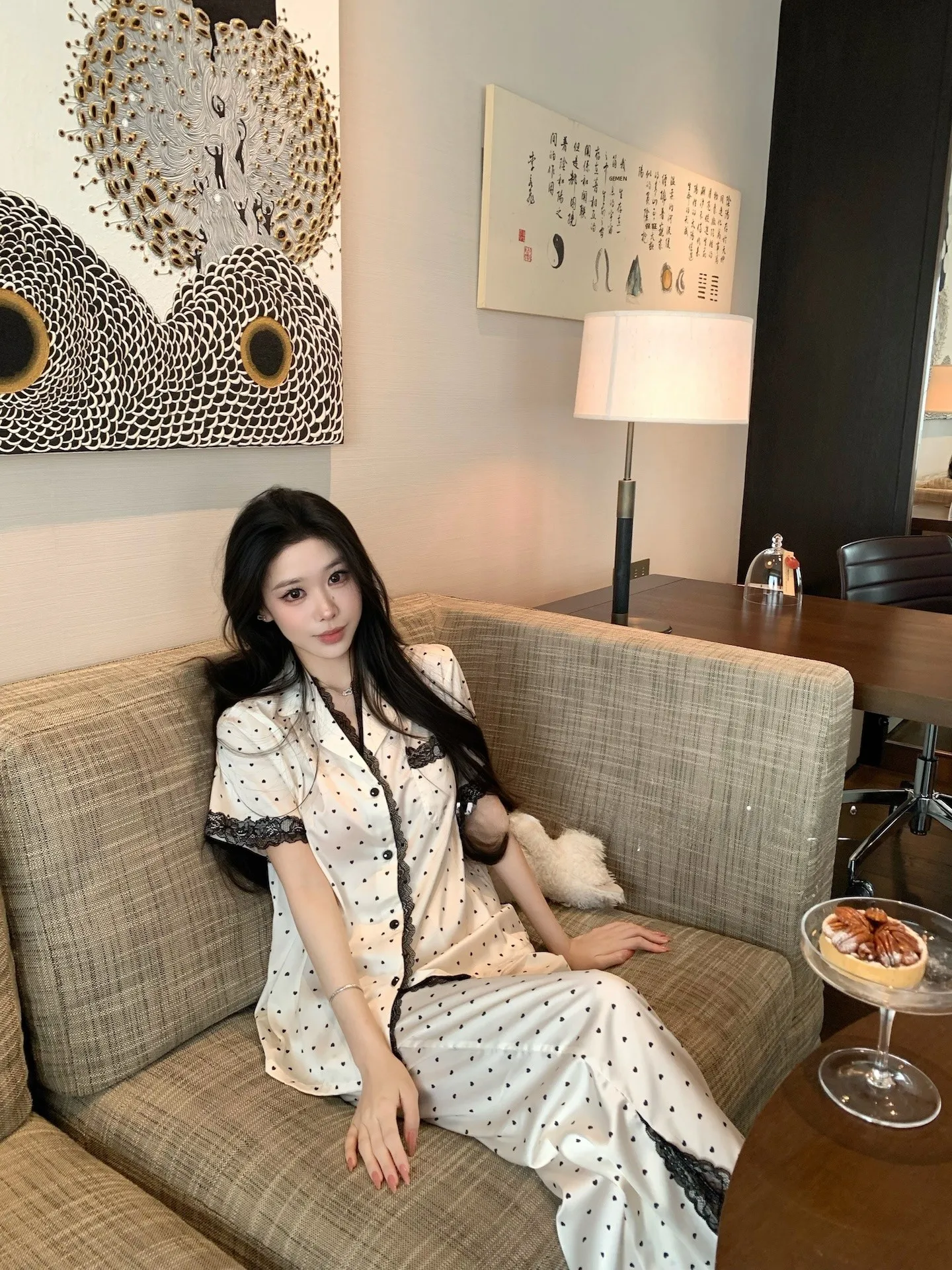 laria-korean-style-summer-new-ice-silk-polka-dot-women's-sleepwear-long-pants-short-sleeve-home-clothes-pure-desire