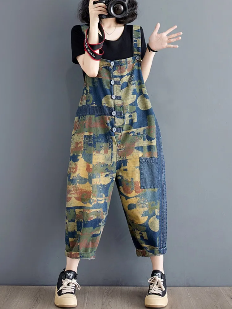 Retro cor blo camuflagem denim macacão feminino verão plus size solto emagrecimento macacão nove pontos harem calças