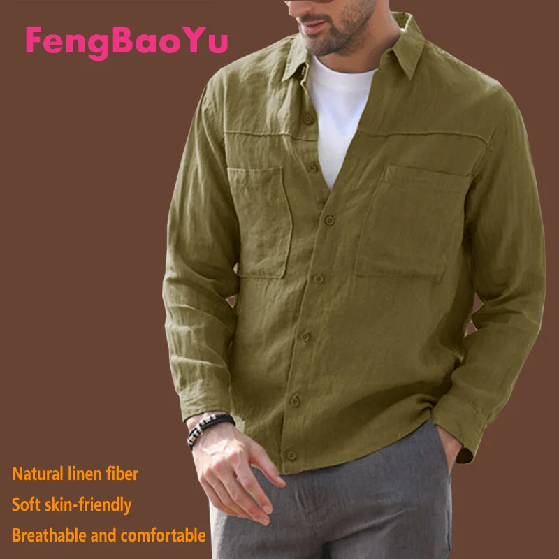 

Fengbaoyu High-end Linen Spring Autumn Men's Long-sleeved Shirt Vintage Double-pocket Loose Cotton Linen Fat Man 150KG Blouse