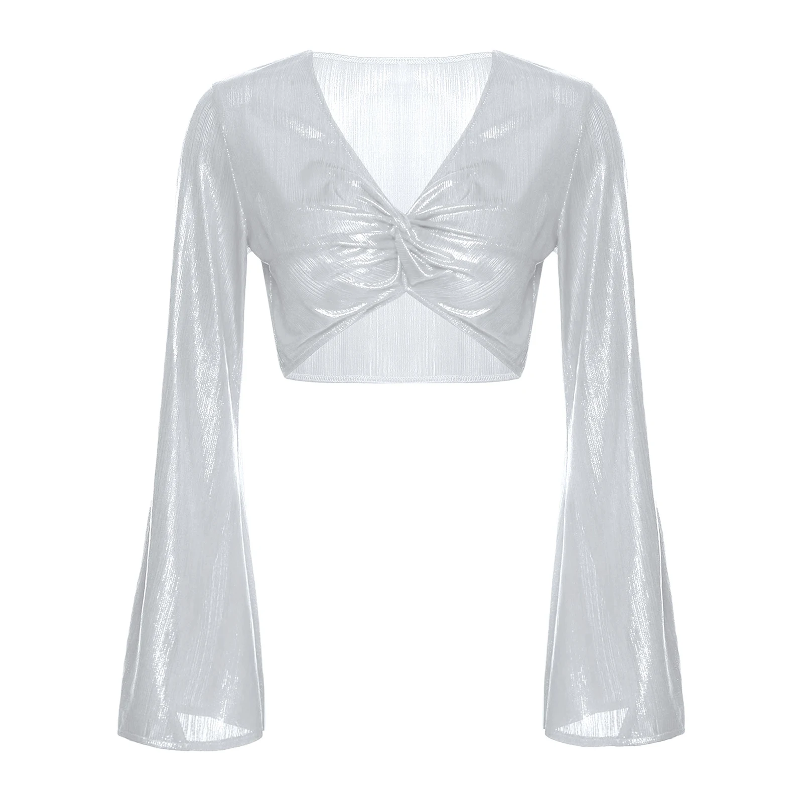 

Women Stylish Metallic Cropped Shirts Sexy Shiny V-neck Flare Sleeve Ruched Top for Stage Performance Dance Costume Clubwear